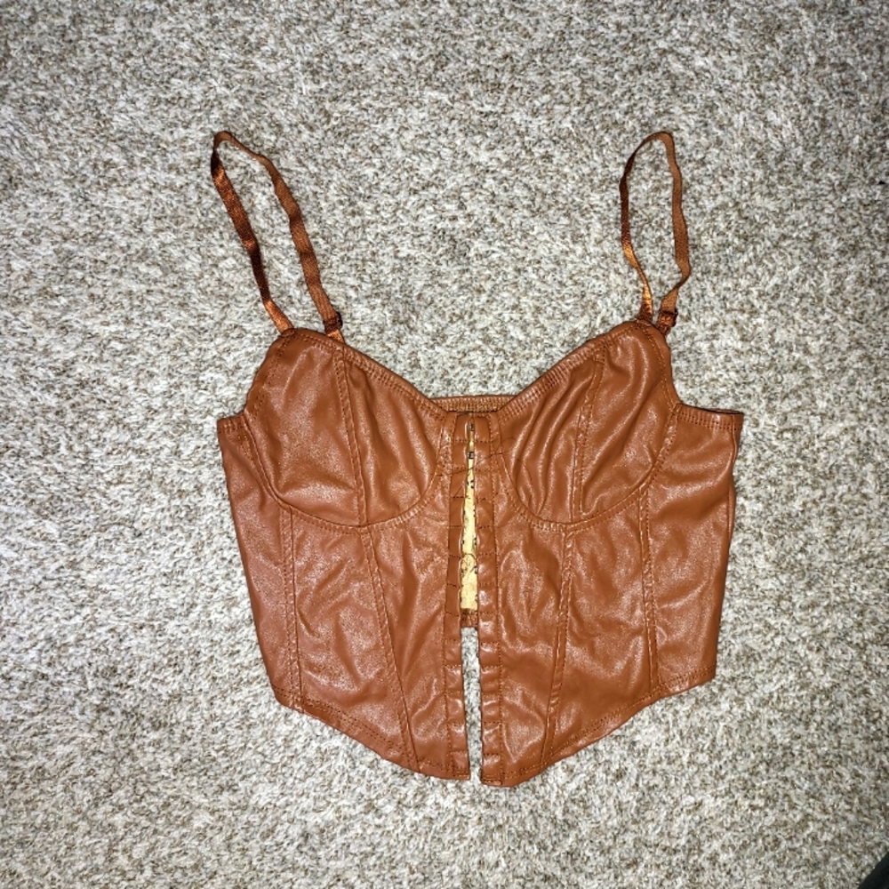 Brown Tam Beige Corset Leather Crop Top